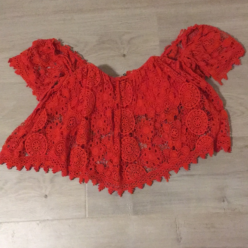 Tularosa Amelia Red Crochet Off-Shoulder Crop Top